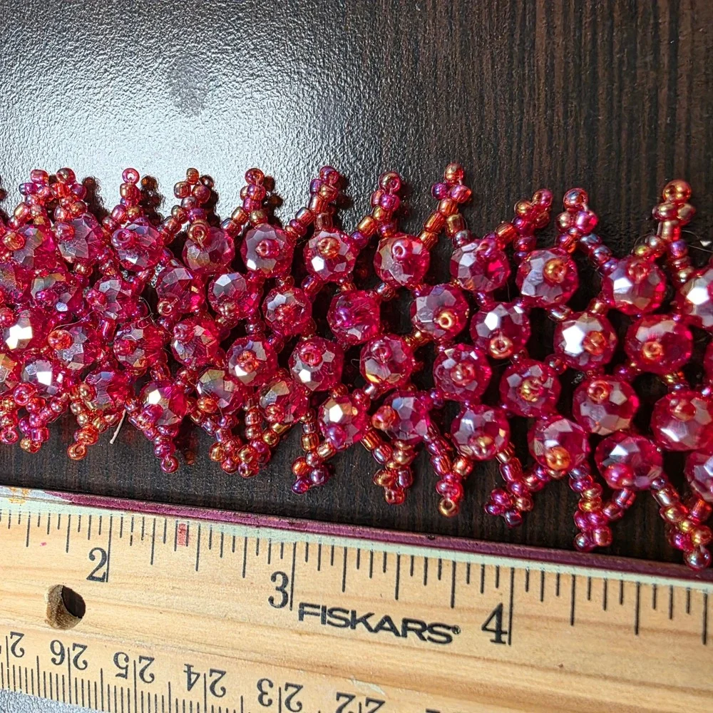 Handmade Magenta Red Beaded Cuff Bracelet Faceted Glass Seed Bead Statement 7.5